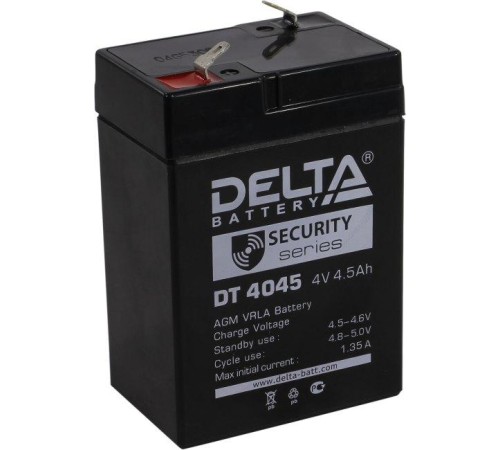 Батарея DELTA серия DT, DT 4045, напряжение 4В, емкость 4.5Ач (разряд 20 часов),  макс. ток разряда (5 сек.) 60А, макс. ток заряда 1.35А, свинцово-кислотная типа AGM, клеммы F1, ДxШxВ 70х47х101мм., вес 0.5кг., срок службы 5 лет./ Battery DELTA series DT,