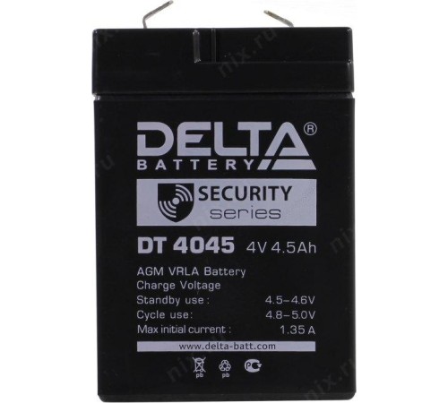 Батарея DELTA серия DT, DT 4045, напряжение 4В, емкость 4.5Ач (разряд 20 часов),  макс. ток разряда (5 сек.) 60А, макс. ток заряда 1.35А, свинцово-кислотная типа AGM, клеммы F1, ДxШxВ 70х47х101мм., вес 0.5кг., срок службы 5 лет./ Battery DELTA series DT,