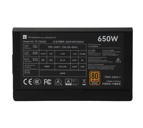 Блок питания 650W/ Power Supply Thermalright, 650W 80+ Bronze (ATX, 3.0, Non-modular, 1x24(20+4)pin 550mm, 1xCPU*2 8(4+4)pin 600+150mm, 1xPCIe*2 8(6+2)pin 500+150mm, 1xSATA*3+MOLEX4pin*1 400+150+150+150mm, 1xSATA*2+MOLEX4pin*2 400+150+150+150mm, Active, 1