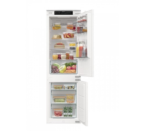 Встраиваемый холодильник Gorenje/ Встраиваемый холодильник Gorenje, полезный объем 243 л, электронное управление, цифровой дисплей, NoFrost Dual, Multiflow 360, LED освещение, слайдерное крепление, инверторный компрессор, энергоэффективность А+, уровень ш