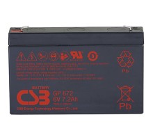 Батарея CSB серия GP, GP672, напряжение 6В, емкость 7.2Ач (разряд 20 часов), макс. ток разряда (5 сек.) 100/130А, ток короткого замыкания 259А, макс. ток заряда 2.16A, свинцово-кислотная типа AGM, клеммы F1/F2, ДxШxВ 151x34x100.7мм., вес 1.22кг., срок слу