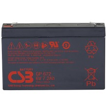Батарея CSB серия GP, GP672, напряжение 6В, емкость 7.2Ач (разряд 20 часов), макс. ток разряда (5 сек.) 100/130А, ток короткого замыкания 259А, макс. ток заряда 2.16A, свинцово-кислотная типа AGM, клеммы F1/F2, ДxШxВ 151x34x100.7мм., вес 1.22кг., срок слу