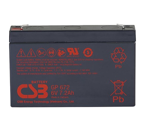 Батарея CSB серия GP, GP672, напряжение 6В, емкость 7.2Ач (разряд 20 часов), макс. ток разряда (5 сек.) 100/130А, ток короткого замыкания 259А, макс. ток заряда 2.16A, свинцово-кислотная типа AGM, клеммы F1/F2, ДxШxВ 151x34x100.7мм., вес 1.22кг., срок слу Батарея CSB серия GP, GP672, напряжение 6В, емкость 7.2Ач (разряд 20 часов), макс. ток разряда (5 сек.) 100/130А, ток короткого замыкания 259А, макс. ток заряда 2.16A, свинцово-кислотная типа AGM, клеммы F1/F2, ДxШxВ 151x34x100.7мм., вес 1.22кг., срок слу