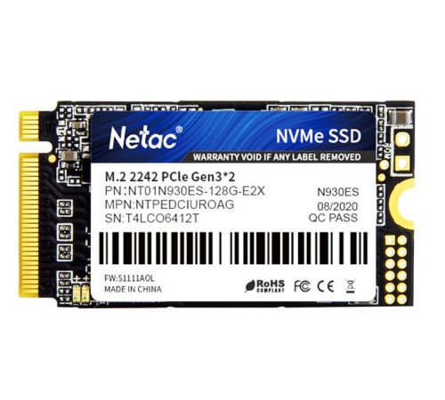 SSD накопитель Netac SSD N930ES 128GB PCIe 3 x2 M.2 2242 NVMe 3D NAND, R/W up to 970/635MB/s, IOPS(R4K) 100K/130K, TBW 75TB, 3y wty SSD накопитель Netac SSD N930ES 128GB PCIe 3 x2 M.2 2242 NVMe 3D NAND, R/W up to 970/635MB/s, IOPS(R4K) 100K/130K, TBW 75TB, 3y wty