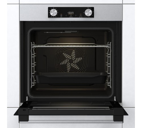 Встраиваемые электрические духовки GORENJE/ Духовой шкаф, Полезный объем: 77 л, Автопрограммы, Стандартный шарнир дверцы, Решетка, Съемные направляющие, Дверца CompactDoor: 2 стекла + 1 термослой, Габаритные размеры (вхшхг): 59,5 × 59,5 × 56,4 см, Вес (бр