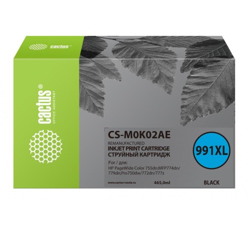 -/ Картридж струйный Cactus CS-M0K02AE 991XL черный (465мл) для HP PageWide755dn;MFP774dn/779dn;Pro750d
