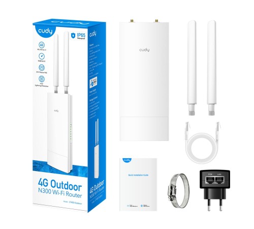Точка доступа/ Outdoor 4G LTE N300 WiFi Router, Cat.4, 300Mbps Wi-Fi, build-in 4G LTE modem, lightning protection, IP65 Waterproof, 10/100M RJ45, 2 x Detachable 4G Antennas, 24V passive PoE adapter included, Zerotier/Wireguard/OpenVPN/IPSec/L2TP/PPTP VPN, Точка доступа/ Outdoor 4G LTE N300 WiFi Router, Cat.4, 300Mbps Wi-Fi, build-in 4G LTE modem, lightning protection, IP65 Waterproof, 10/100M RJ45, 2 x Detachable 4G Antennas, 24V passive PoE adapter included, Zerotier/Wireguard/OpenVPN/IPSec/L2TP/PPTP VPN,