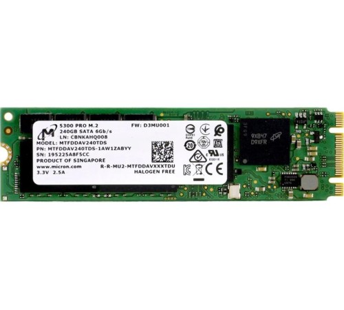 Твердотельный накопитель Micron 5300PRO 240GB SATA M.2(22x80mm) 3D TLC R540/W310MB/s MTTF 3М 67000/40000 IOPS 657TBW SSD Enterprise Solid State Drive, 1 year, OEM