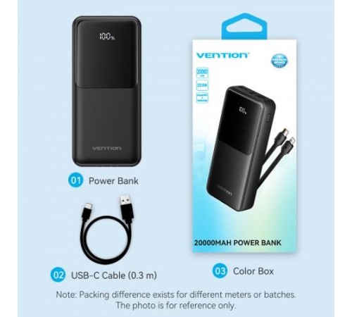 Power Bank Vention 20000mAh(Micro-USB/C/A/A) со встроенными кабелями 22.5W Чёрный с LED Дисплеем, шт. Power Bank Vention 20000mAh(Micro-USB/C/A/A) со встроенными кабелями 22.5W Чёрный с LED Дисплеем, шт.