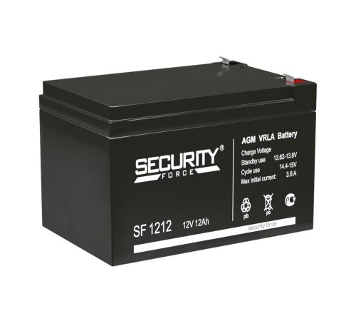 Батарея SECURITY FORCE серия SF, SF 1212, напряжение 12В, емкость 1.2Ач (разряд 20 часов),  макс. ток разряда (5 сек.) 16.2А, макс. ток заряда 3.6А, свинцово-кислотная типа AGM, клеммы F2, ДxШxВ 151х98х95мм., вес кг., срок службы 3-5 лет./ Battery SECURIT