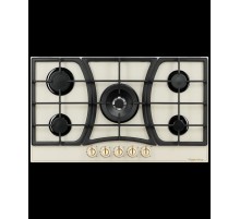 Газовая варочная поверхность Kuppersberg/ Газовая варочная поверхность, закаленное стекло, ширина 90 см, 5 газовых конфорок, WOK конфорка(4,2 кВт), автоподжиг, газ-контроль, чугунные решетки, Коллекция Classic, Цвет бежевый, Цвет фурнитуры бронзовый