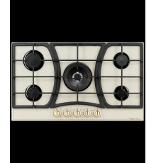 Газовая варочная поверхность Kuppersberg/ Газовая варочная поверхность, закаленное стекло, ширина 90 см, 5 газовых конфорок, WOK конфорка(4,2 кВт), автоподжиг, газ-контроль, чугунные решетки, Коллекция Classic, Цвет бежевый, Цвет фурнитуры бронзовый