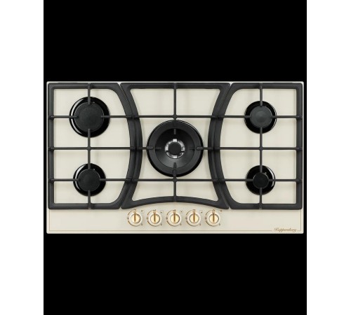 Газовая варочная поверхность Kuppersberg/ Газовая варочная поверхность, закаленное стекло, ширина 90 см, 5 газовых конфорок, WOK конфорка(4,2 кВт), автоподжиг, газ-контроль, чугунные решетки, Коллекция Classic, Цвет бежевый, Цвет фурнитуры бронзовый