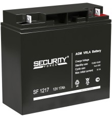 Батарея SECURITY FORCE серия SF, SF 1217, напряжение 12В, емкость 17Ач (разряд 20 часов),  макс. ток разряда (5 сек.) 18А, макс. ток заряда 5.1А, свинцово-кислотная типа AGM, клеммы под гайку и болт M6, ДxШxВ 181х77х167мм., вес кг., срок службы 3-5 лет./