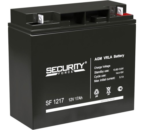 Батарея SECURITY FORCE серия SF, SF 1217, напряжение 12В, емкость 17Ач (разряд 20 часов), макс. ток разряда (5 сек.) 18А, макс. ток заряда 5.1А, свинцово-кислотная типа AGM, клеммы под гайку и болт M6, ДxШxВ 181х77х167мм., вес кг., срок службы 3-5 лет./ Батарея SECURITY FORCE серия SF, SF 1217, напряжение 12В, емкость 17Ач (разряд 20 часов), макс. ток разряда (5 сек.) 18А, макс. ток заряда 5.1А, свинцово-кислотная типа AGM, клеммы под гайку и болт M6, ДxШxВ 181х77х167мм., вес кг., срок службы 3-5 лет./