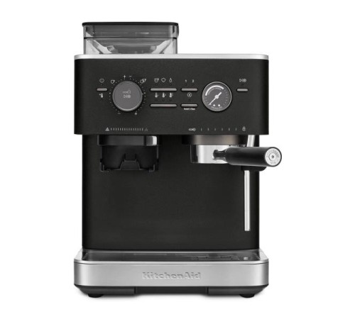 Полуавтоматическая кофемашина KitchenAid, давление 15 бар, 15 уровней помола, объем резервуара для воды 2.5 л, автоматический капучинатор, одновременное приготовление двух чашек, индикатор наличия зерен, индикация уровня воды, цвет черный чугун Полуавтоматическая кофемашина KitchenAid, давление 15 бар, 15 уровней помола, объем резервуара для воды 2.5 л, автоматический капучинатор, одновременное приготовление двух чашек, индикатор наличия зерен, индикация уровня воды, цвет черный чугун