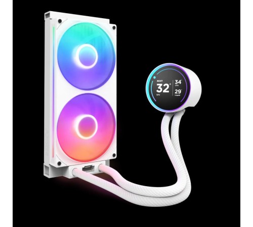 Система жидкостного охлаждения для ПК/ Water Cooling System NZXT Kraken Elite 280 RGB (250W, 280mm, LED temp., White/ Fans: 2x140mm, 98.61CFM, 34.5dBA, 2000RPM/ Pump height 65mm, 2800RPM, Rad thickness 27mm/ S: 1851, 1700, 1200, 115X, AM5, AM4)