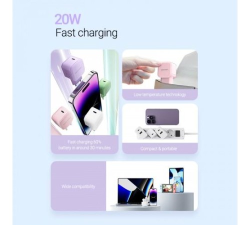 Сетевое зарядное устройство Vention на 1 порт USB С 20W  Фиолетовый, шт.