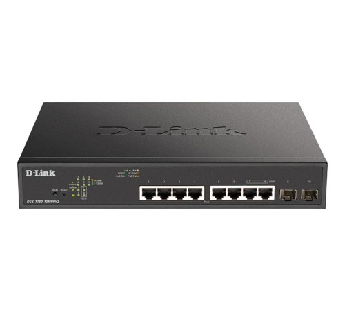 Коммутатор D-Link Настраиваемый L2 PoE-коммутатор, 8х1000Base-T PoE  (2 порта 802.3bt 90 Вт), 2x1000Base-X SFP, PoE-бюджет 242 Вт