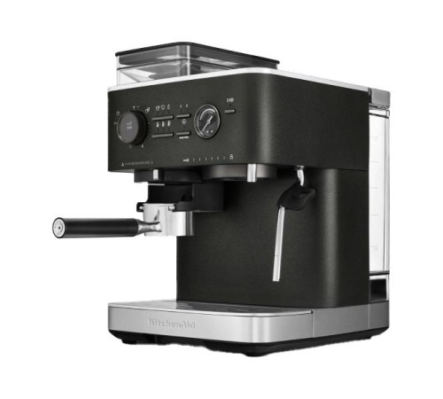 Полуавтоматическая кофемашина KitchenAid, давление 15 бар, 15 уровней помола, объем резервуара для воды 2.5 л, автоматический капучинатор, одновременное приготовление двух чашек, индикатор наличия зерен, индикация уровня воды, цвет черный чугун Полуавтоматическая кофемашина KitchenAid, давление 15 бар, 15 уровней помола, объем резервуара для воды 2.5 л, автоматический капучинатор, одновременное приготовление двух чашек, индикатор наличия зерен, индикация уровня воды, цвет черный чугун
