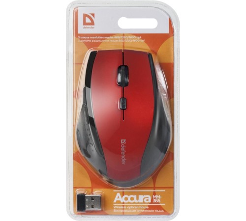Defender Беспроводная оптическая мышь Accura MM-365 красный,6 кнопок, 800-1600 dpi Defender Беспроводная оптическая мышь Accura MM-365 красный,6 кнопок, 800-1600 dpi