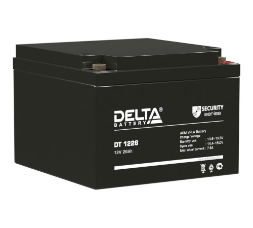 Батарея DELTA серия DT, DT 1226, напряжение 12В, емкость 26Ач (разряд 20 часов), макс. ток разряда (5 сек.) 390А, макс. ток заряда 7.8А, свинцово-кислотная типа AGM, клеммы под гайку и болт M6, ДxШxВ 175х166х125мм., вес 8кг., срок службы 5 лет./ Battery Батарея DELTA серия DT, DT 1226, напряжение 12В, емкость 26Ач (разряд 20 часов), макс. ток разряда (5 сек.) 390А, макс. ток заряда 7.8А, свинцово-кислотная типа AGM, клеммы под гайку и болт M6, ДxШxВ 175х166х125мм., вес 8кг., срок службы 5 лет./ Battery