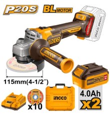 Аккумуляторная угловая шлифмашина Li-Ion 20В, Ingco CAGLI211542, BL мотор, 115мм, 3000/6000/9000 об/мин, 2 акк 4А-ч, ЗУ, сумка