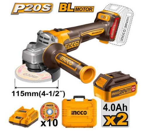 Аккумуляторная угловая шлифмашина Li-Ion 20В, Ingco CAGLI211542, BL мотор, 115мм, 3000/6000/9000 об/мин, 2 акк 4А-ч, ЗУ, сумка Аккумуляторная угловая шлифмашина Li-Ion 20В, Ingco CAGLI211542, BL мотор, 115мм, 3000/6000/9000 об/мин, 2 акк 4А-ч, ЗУ, сумка