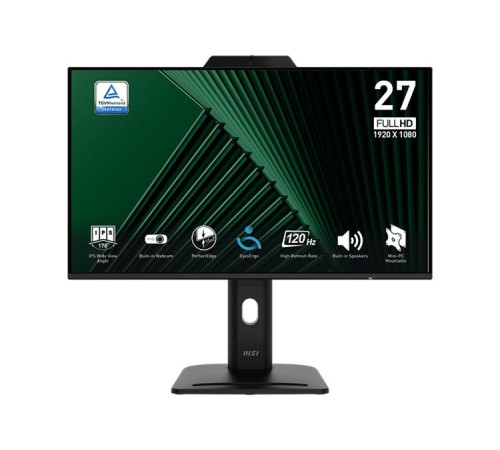 Монитор MSI PRO MP272PMG 27" 16:9 FHD(1920x1080) IPS Flat,Webcam,4ms(GTG),1500:1,100M:1,300nit,1xHDMI,1xDP,1xVGA,2xUSB-A,1xUSB-B,Speaker,Tilt,Swivel,Height,Pivot,VESA,120Hz,Black,1y war-ty
