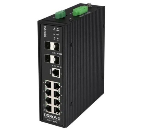 Коммутатор/ OSNOVO Промышленный гигабитный L2+ коммутатор на 12 портов с функцией мониторинга температуры/ влажности/ напряжения, 8*10/100/1000Base-T, 4*SFP 1000Base-X, БП опционально