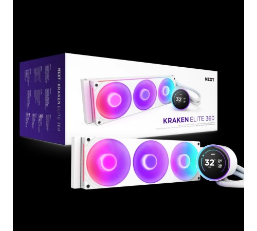 Система жидкостного охлаждения для ПК/ Water Cooling System NZXT Kraken Elite 420 RGB (350W, 420mm, LED temp., White/ Fans: 3x140mm, 98.61CFM, 34.5dBA, 2000RPM/ Pump height 65mm, 2800RPM, Rad thickness 27mm/ S: 1851, 1700, 1200, 115X, AM5, AM4)