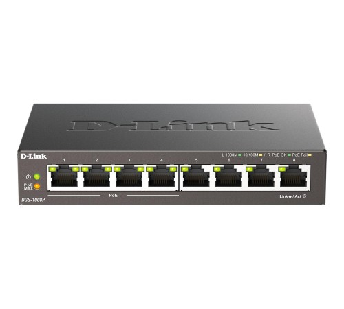 Коммутатор/ DGS-1008P/F1A Unmanaged Switch 8x1000Base-T (4x1000Base-T PoE), PoE Budget 80W, metal case
