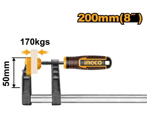 F-образная струбцина Ingco HFC020502,200мм,170кг F-образная струбцина Ingco HFC020502,200мм,170кг