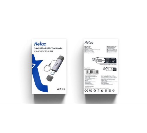 Кардридер  Netac Flash card reader WK13, USB3.0+Type-C to mSD/SD, Grey (repl. NT09WK13-30GR)