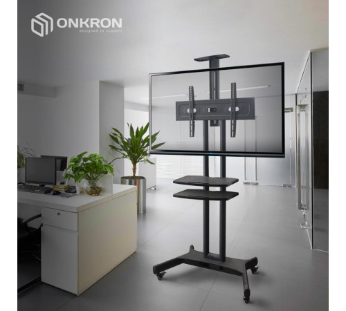 Мобильная стойка ONKRON на 1 ТВ/ 40-70" от 200х200 до 400х600 наклон 0? поворот 0? макс нагр 60,5кг Высота 1200-1500мм, кабель-канал, 2 полки, регулировка полок по высоте, колесики с блокировкой, черная