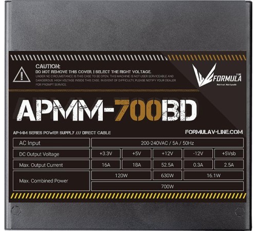 Блок питания Formula V Line APMM-700BD, 700W, ATX3.1/PCIe5.1, APFC, 80+ Bronze, 12cm Fan Блок питания Formula V Line APMM-700BD, 700W, ATX3.1/PCIe5.1, APFC, 80+ Bronze, 12cm Fan