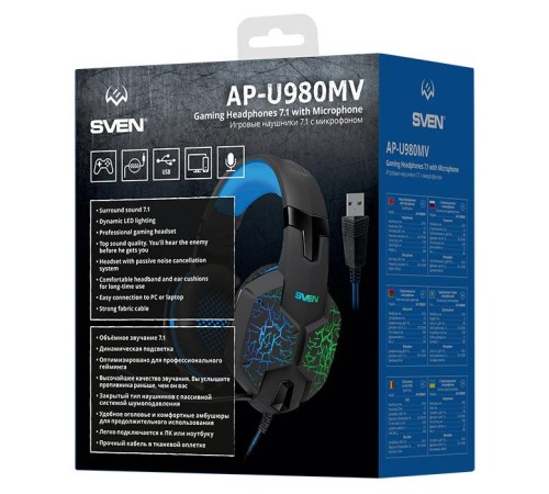 Игровые стереонаушники с микрофоном SVEN AP-U980MV, черный-синий (USB, LED, 7.1) Игровые стереонаушники с микрофоном SVEN AP-U980MV, черный-синий (USB, LED, 7.1)