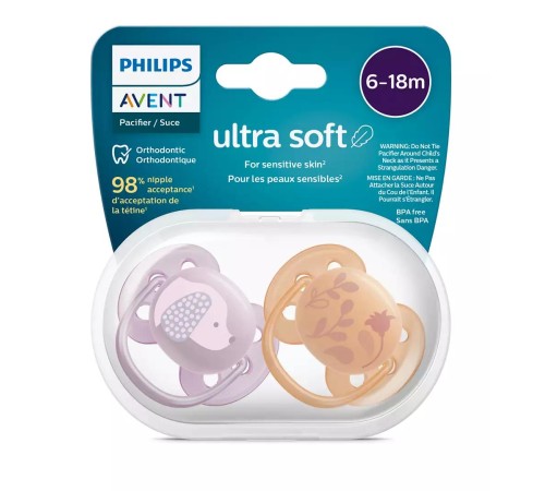 Пустышка ultra soft, собачка/цветочки, 6-18 мес., 2 шт.