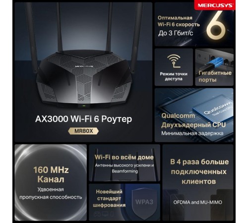 Маршрутизатор/ AX3000 Dual-Band Wi-Fi 6 Router, 574 Mbps at 2.4 GHz + 2402 Mbps at 5 GHz, 4x Fixed External Antennas, 3x Gigabit LAN Ports, 1x Gigabit WAN Port