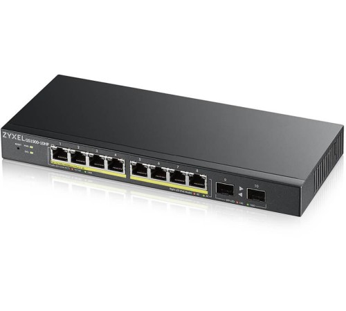 Коммутатор/ Smart L2 PoE+ Switch Zyxel GS1900-10HP, 8xGE PoE+, 2xSFP, Desktop, Silent, Budget PoE 77W