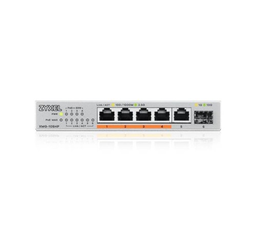 Коммутатор Мультигигабитный PoE++ коммутатор Zyxel XMG-105HP, 5xRJ-45: 1/2.5G (4 из них PoE++), 1xSFP+, настольный, бесшумный, бюджет PoE 70 Вт