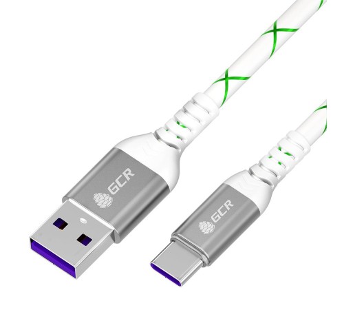 GCR Кабель 1.0m, TypeC, быстрая зарядка 18W, поддержка QC, PD, бело-зеленый, AL case серебро, 28/24 AWG, GCR-55288