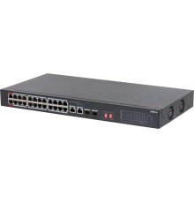 24-портовый неуправляемый коммутатор с РоЕ; Порты: 24 RJ45 10/100Мбит/с (PoE/PoE+/Hi-PoE) 2 комбинированных SFP/RJ45 10/100/1000Мбит/с (uplink); мощность PoE: порты 12 до 60Вт порты 324 до 30Вт суммарно до 240Вт; питание: 100240В(AC)