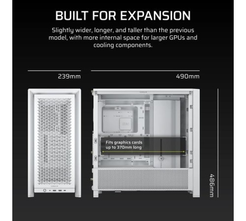 Корпус без блока питания/ Case Corsair Frame 4000D, Midi-Tower, TG, no fan, 2xUSB-A 3.2, 1xUSB 3.2 Type-C, E-ATX, ATX, mATX, mITX White