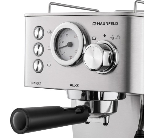 Кофемашина рожкового типа MAUNFELD/ Кофемашина рожкового типа MAUNFELD MF-721S PRO, мощность 1140 Вт, давление 15 бар, капучинатор, возможность приготовления 2 чашек, цвет нержавеющая сталь