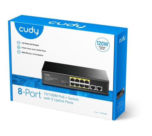 Коммутатор/ 8-Port 10/100M PSE RJ-45  +2 RJ45 10/100M Uplink Port Unmanaged PoE+ Switch 120W, CCTV/VLAN mode support, long distance:250M at CCTV mode.  802.3af/at standard, Support PD Alive Function, ±4 KV Surge Protection, Alternative 1/2(+),3/6(-),Steel