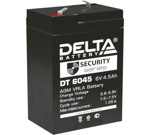 Батарея DELTA серия DT, DT 6045, напряжение 6В, емкость 4.5Ач (разряд 20 часов), макс. ток разряда (5 сек.) 70А, макс. ток заряда 1.35А, свинцово-кислотная типа AGM, клеммы F1, ДxШxВ 70х47х100мм., вес 0.75кг., срок службы 5 лет./ Battery DELTA series DT, Батарея DELTA серия DT, DT 6045, напряжение 6В, емкость 4.5Ач (разряд 20 часов), макс. ток разряда (5 сек.) 70А, макс. ток заряда 1.35А, свинцово-кислотная типа AGM, клеммы F1, ДxШxВ 70х47х100мм., вес 0.75кг., срок службы 5 лет./ Battery DELTA series DT,