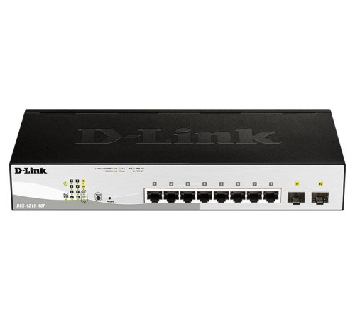 Коммутатор D-Link Настраиваемый L2 PoE-коммутатор, 8x1000Base-T PoE, 2х1000Base-X SFP, PoE-бюджет 65 Вт, упрощенный интерфейс CLI