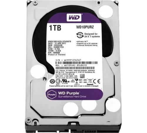 Жесткий диск Western Digital HDD SATA-III  1000Gb Purple WD10PURZ, IntelliPower, 64MB buffer (DV&NVR), 1 year