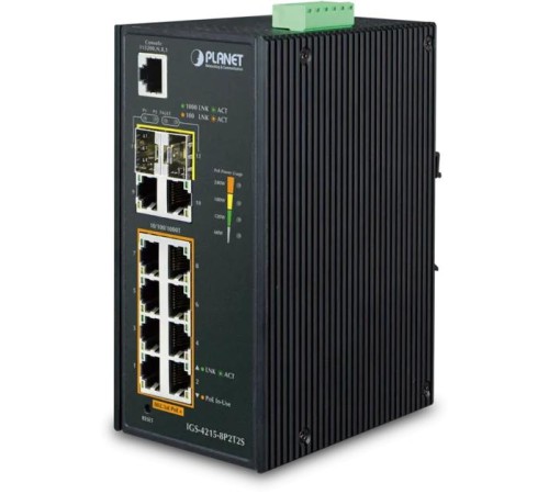 коммутатор/ PLANET IP30 Industrial L2/L4 8-Port 10/100/1000T 802.3at PoE + 2-Port 10/100/100T + 2-Port 100/1000X SFP Managed Switch (-40~75 degrees C), dual redundant power input on 48~56VDC terminal block, SNMPv3, 802.1Q VLAN, IGMP Snooping, SSL, SSH, AC